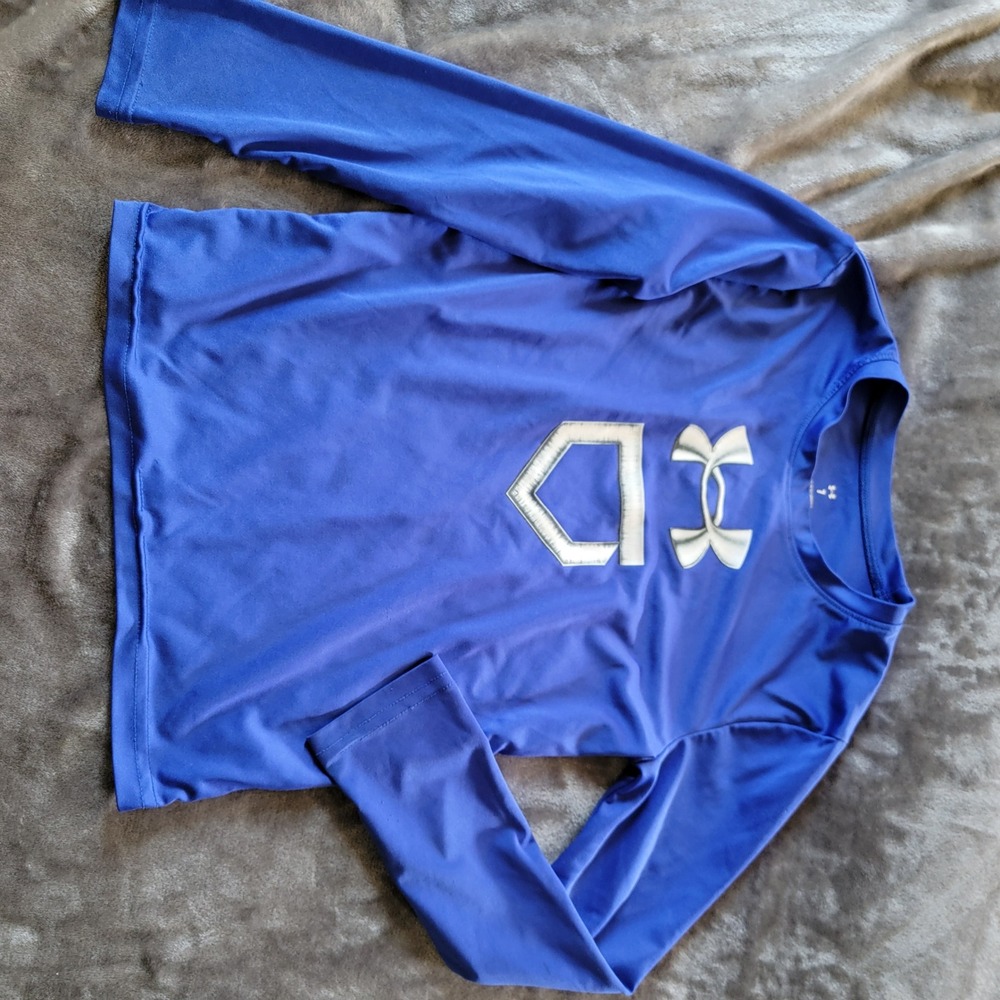 Under Armour Boys 7 Blue Fair Long Sleeve Athletic Baseball Logo Performance 707